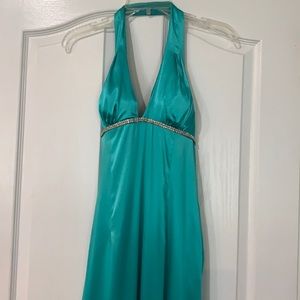 Long greenish blue aqua dress cubic zirconia trim